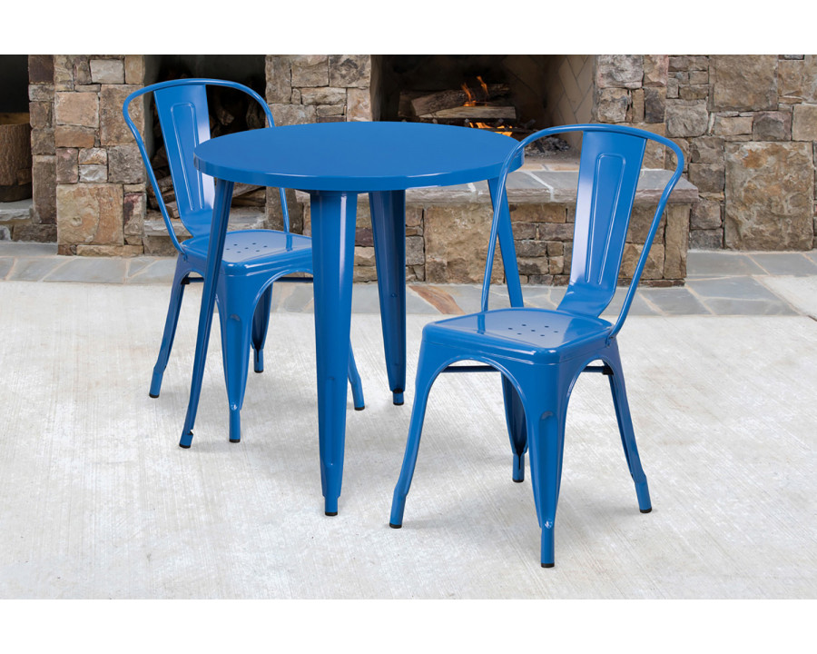 BLNK Baker Commercial Round Metal Indoor-Outdoor Table Set with 2 Cafe Chairs - Blue