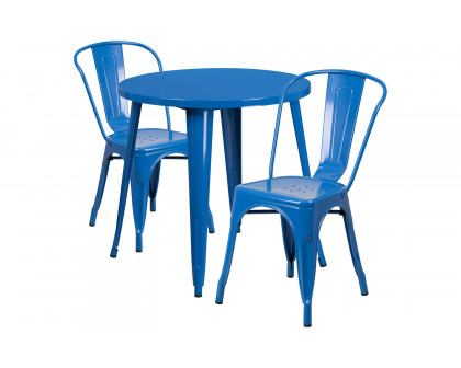 BLNK Baker Commercial Round Metal Indoor-Outdoor Table Set with 2 Cafe Chairs - Blue