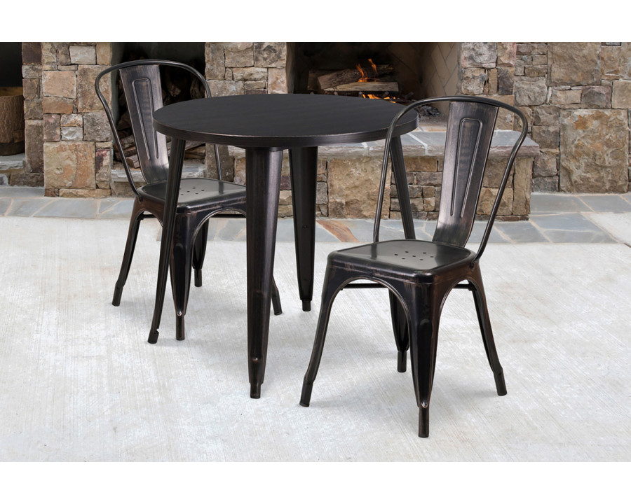 BLNK Baker Commercial Round Metal Indoor-Outdoor Table Set with 2 Cafe Chairs - Black/Antique