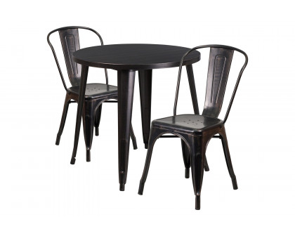 BLNK Baker Commercial Round Metal Indoor-Outdoor Table Set with 2 Cafe Chairs - Black/Antique