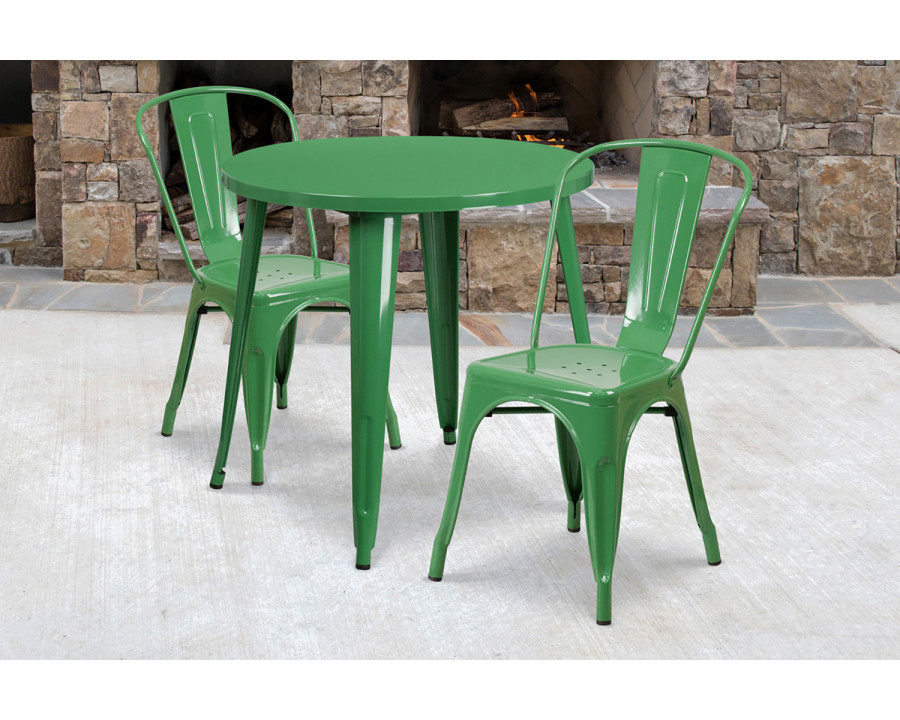 BLNK Baker Commercial Round Metal Indoor-Outdoor Table Set with 2 Cafe Chairs - Green