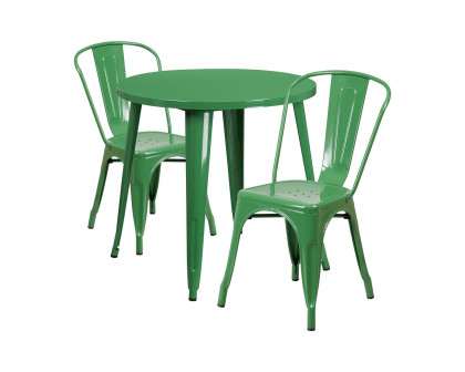 BLNK Baker Commercial Round Metal Indoor-Outdoor Table Set with 2 Cafe Chairs - Green