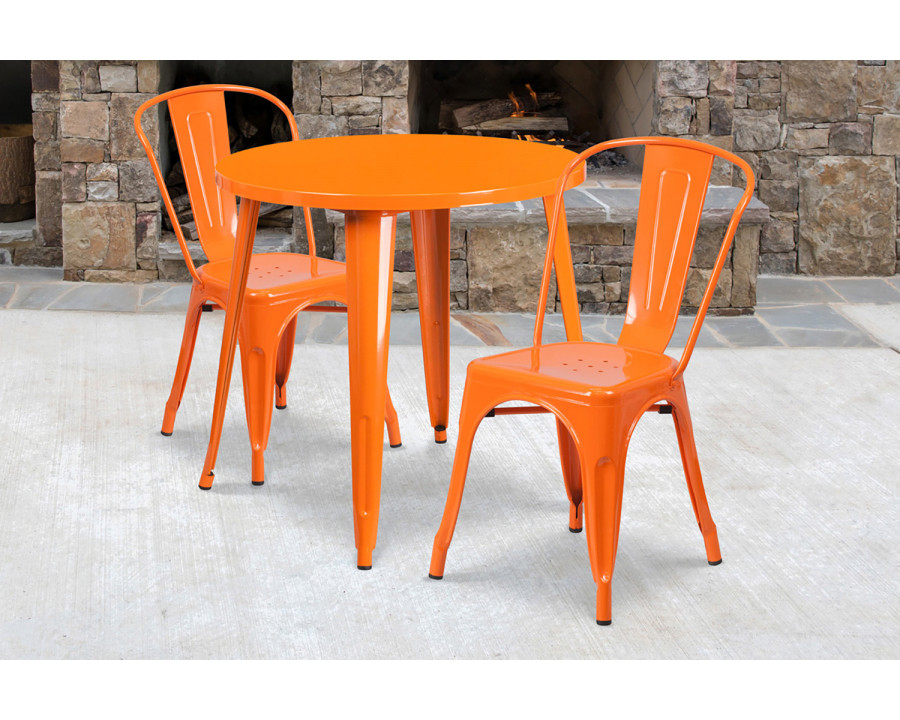 BLNK Baker Commercial Round Metal Indoor-Outdoor Table Set with 2 Cafe Chairs - Orange