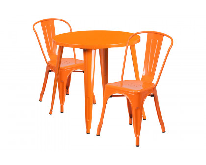 BLNK Baker Commercial Round Metal Indoor-Outdoor Table Set with 2 Cafe Chairs - Orange