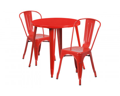 BLNK Baker Commercial Round Metal Indoor-Outdoor Table Set with 2 Cafe Chairs - Red