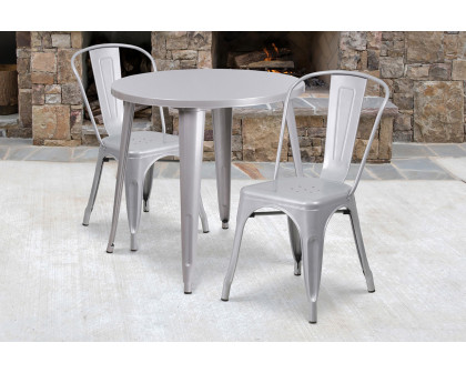 BLNK Baker Commercial Round Metal Indoor-Outdoor Table Set with 2 Cafe Chairs