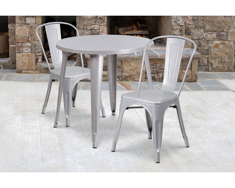 BLNK Baker Commercial Round Metal Indoor-Outdoor Table Set with 2 Cafe Chairs - Silver