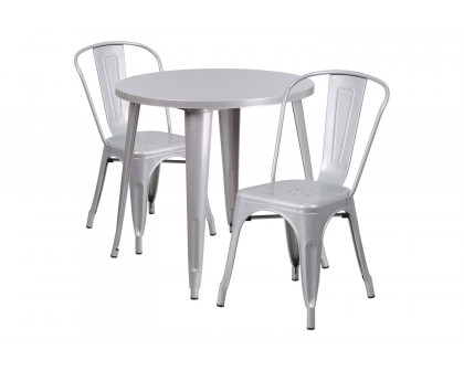 BLNK Baker Commercial Round Metal Indoor-Outdoor Table Set with 2 Cafe Chairs - Silver