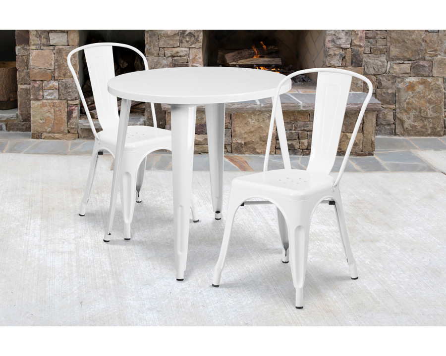 BLNK Baker Commercial Round Metal Indoor-Outdoor Table Set with 2 Cafe Chairs - White