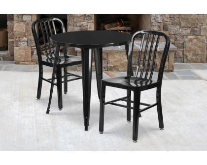 BLNK Craig Commercial Round Metal Indoor-Outdoor Table Set with 2 Vertical Slat Back Chairs