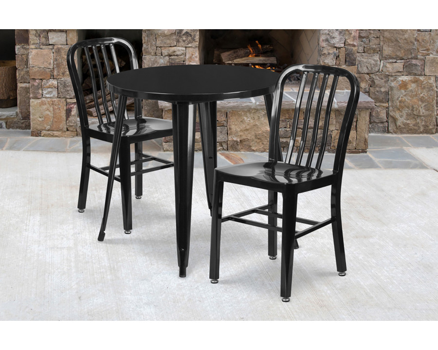 BLNK Craig Commercial Round Metal Indoor-Outdoor Table Set with 2 Vertical Slat Back Chairs - Black