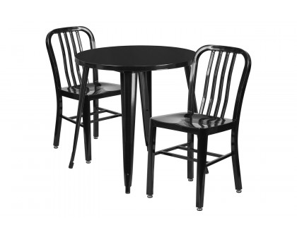 BLNK Craig Commercial Round Metal Indoor-Outdoor Table Set with 2 Vertical Slat Back Chairs - Black