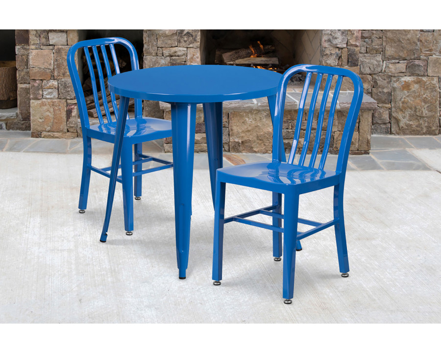 BLNK Craig Commercial Round Metal Indoor-Outdoor Table Set with 2 Vertical Slat Back Chairs - Blue