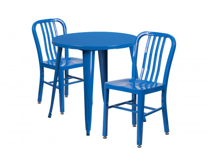 BLNK Craig Commercial Round Metal Indoor-Outdoor Table Set with 2 Vertical Slat Back Chairs - Blue