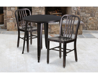 BLNK Craig Commercial Round Metal Indoor-Outdoor Table Set with 2 Vertical Slat Back Chairs