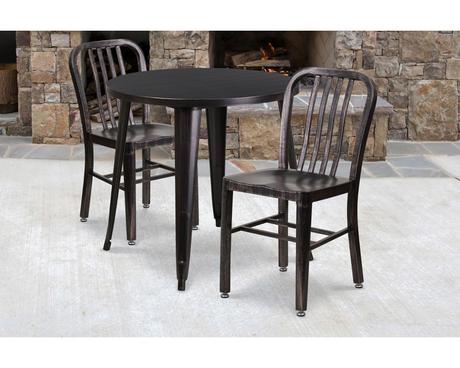 BLNK Craig Commercial Round Metal Indoor-Outdoor Table Set with 2 Vertical Slat Back Chairs - Black/Antique Gold