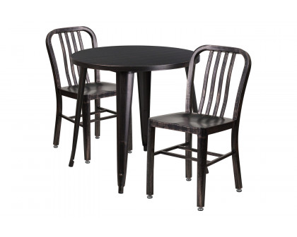 BLNK Craig Commercial Round Metal Indoor-Outdoor Table Set with 2 Vertical Slat Back Chairs - Black/Antique Gold