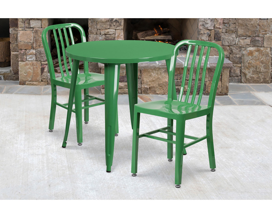 BLNK Craig Commercial Round Metal Indoor-Outdoor Table Set with 2 Vertical Slat Back Chairs