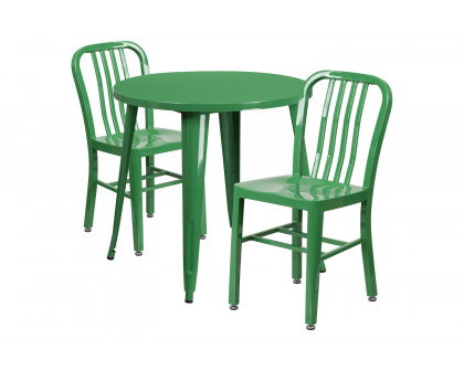 BLNK Craig Commercial Round Metal Indoor-Outdoor Table Set with 2 Vertical Slat Back Chairs