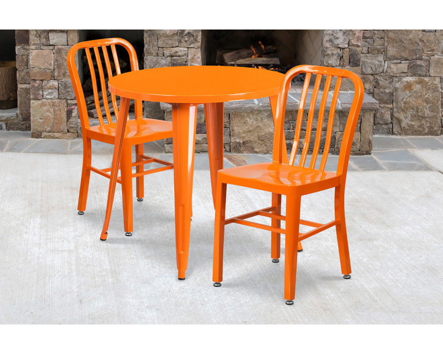 BLNK Craig Commercial Round Metal Indoor-Outdoor Table Set with 2 Vertical Slat Back Chairs - Orange