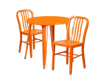 BLNK Craig Commercial Round Metal Indoor-Outdoor Table Set with 2 Vertical Slat Back Chairs - Orange