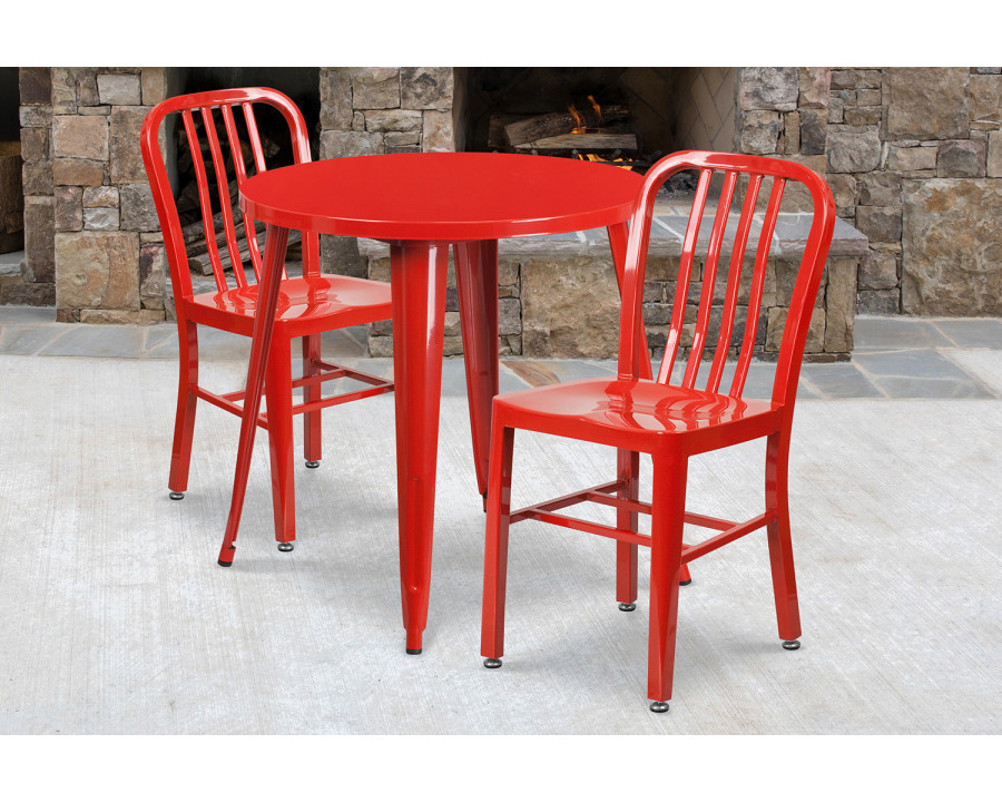 BLNK Craig Commercial Round Metal Indoor-Outdoor Table Set with 2 Vertical Slat Back Chairs - Red