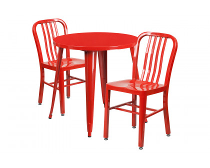 BLNK Craig Commercial Round Metal Indoor-Outdoor Table Set with 2 Vertical Slat Back Chairs - Red