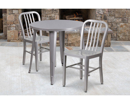 BLNK Craig Commercial Round Metal Indoor-Outdoor Table Set with 2 Vertical Slat Back Chairs