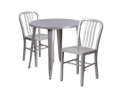 BLNK Craig Commercial Round Metal Indoor-Outdoor Table Set with 2 Vertical Slat Back Chairs - Silver