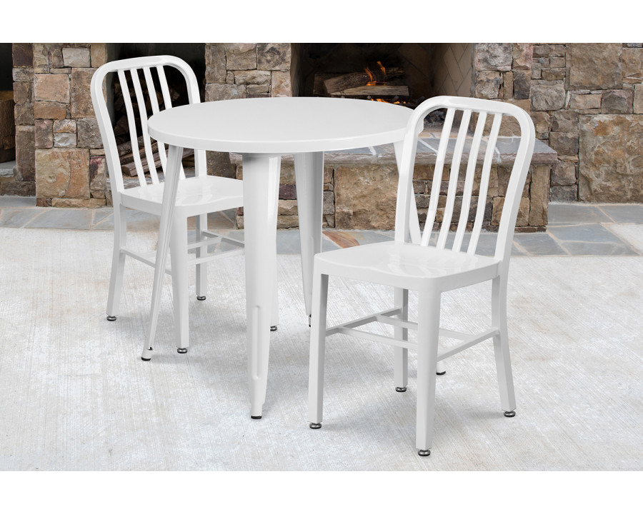 BLNK Craig Commercial Round Metal Indoor-Outdoor Table Set with 2 Vertical Slat Back Chairs - White