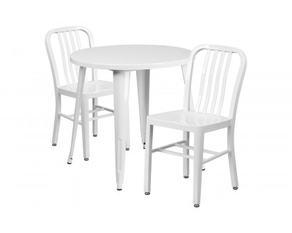 BLNK Craig Commercial Round Metal Indoor-Outdoor Table Set with 2 Vertical Slat Back Chairs - White