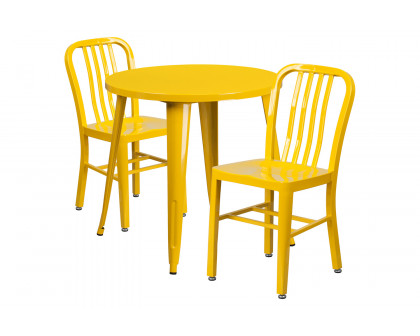 BLNK Craig Commercial Round Metal Indoor-Outdoor Table Set with 2 Vertical Slat Back Chairs - Yellow