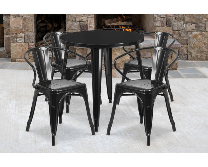 BLNK Cory Commercial Round Metal Indoor-Outdoor Table Set with 4 Arm Chairs