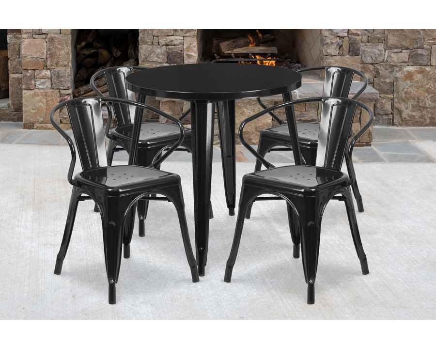 BLNK Cory Commercial Round Metal Indoor-Outdoor Table Set with 4 Arm Chairs - Black