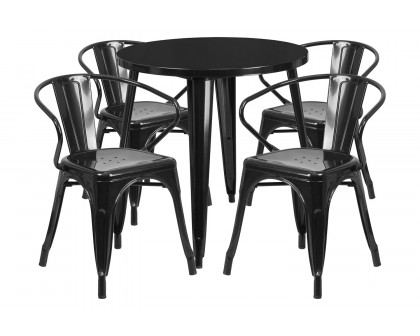 BLNK Cory Commercial Round Metal Indoor-Outdoor Table Set with 4 Arm Chairs - Black