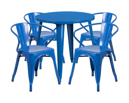 BLNK Cory Commercial Round Metal Indoor-Outdoor Table Set with 4 Arm Chairs - Blue