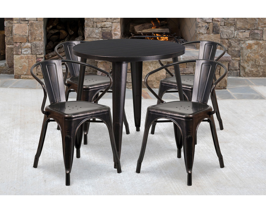 BLNK Cory Commercial Round Metal Indoor-Outdoor Table Set with 4 Arm Chairs