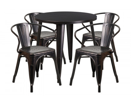 BLNK Cory Commercial Round Metal Indoor-Outdoor Table Set with 4 Arm Chairs