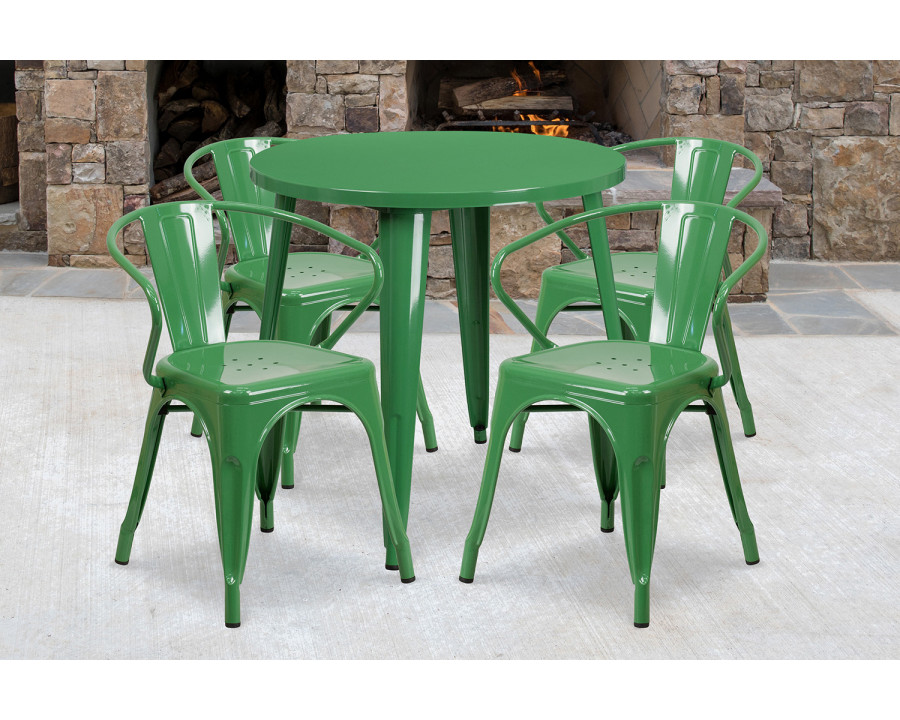 BLNK Cory Commercial Round Metal Indoor-Outdoor Table Set with 4 Arm Chairs - Green