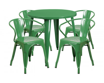 BLNK Cory Commercial Round Metal Indoor-Outdoor Table Set with 4 Arm Chairs - Green