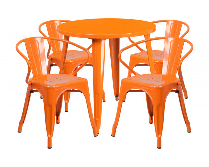 BLNK Cory Commercial Round Metal Indoor-Outdoor Table Set with 4 Arm Chairs - Orange