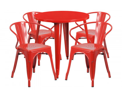 BLNK Cory Commercial Round Metal Indoor-Outdoor Table Set with 4 Arm Chairs - Red