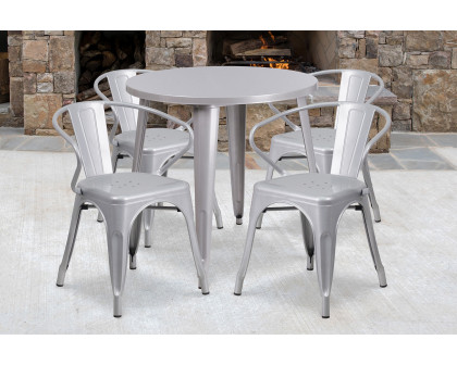 BLNK Cory Commercial Round Metal Indoor-Outdoor Table Set with 4 Arm Chairs