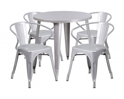 BLNK Cory Commercial Round Metal Indoor-Outdoor Table Set with 4 Arm Chairs - Silver