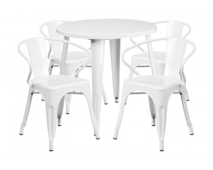 BLNK Cory Commercial Round Metal Indoor-Outdoor Table Set with 4 Arm Chairs - White