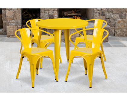 BLNK Cory Commercial Round Metal Indoor-Outdoor Table Set with 4 Arm Chairs