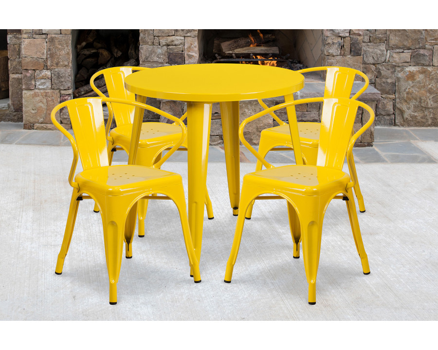 BLNK Cory Commercial Round Metal Indoor-Outdoor Table Set with 4 Arm Chairs - Yellow