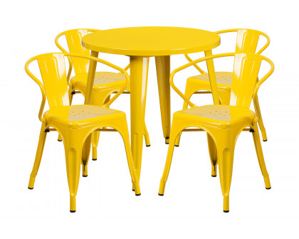 BLNK Cory Commercial Round Metal Indoor-Outdoor Table Set with 4 Arm Chairs - Yellow