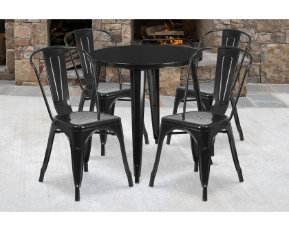 BLNK Dalton Commercial Round Metal Indoor-Outdoor Table Set with 4 Cafe Chairs