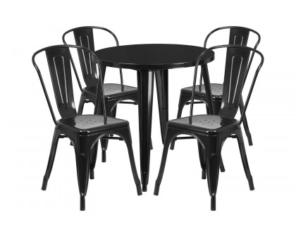 BLNK Dalton Commercial Round Metal Indoor-Outdoor Table Set with 4 Cafe Chairs - Black